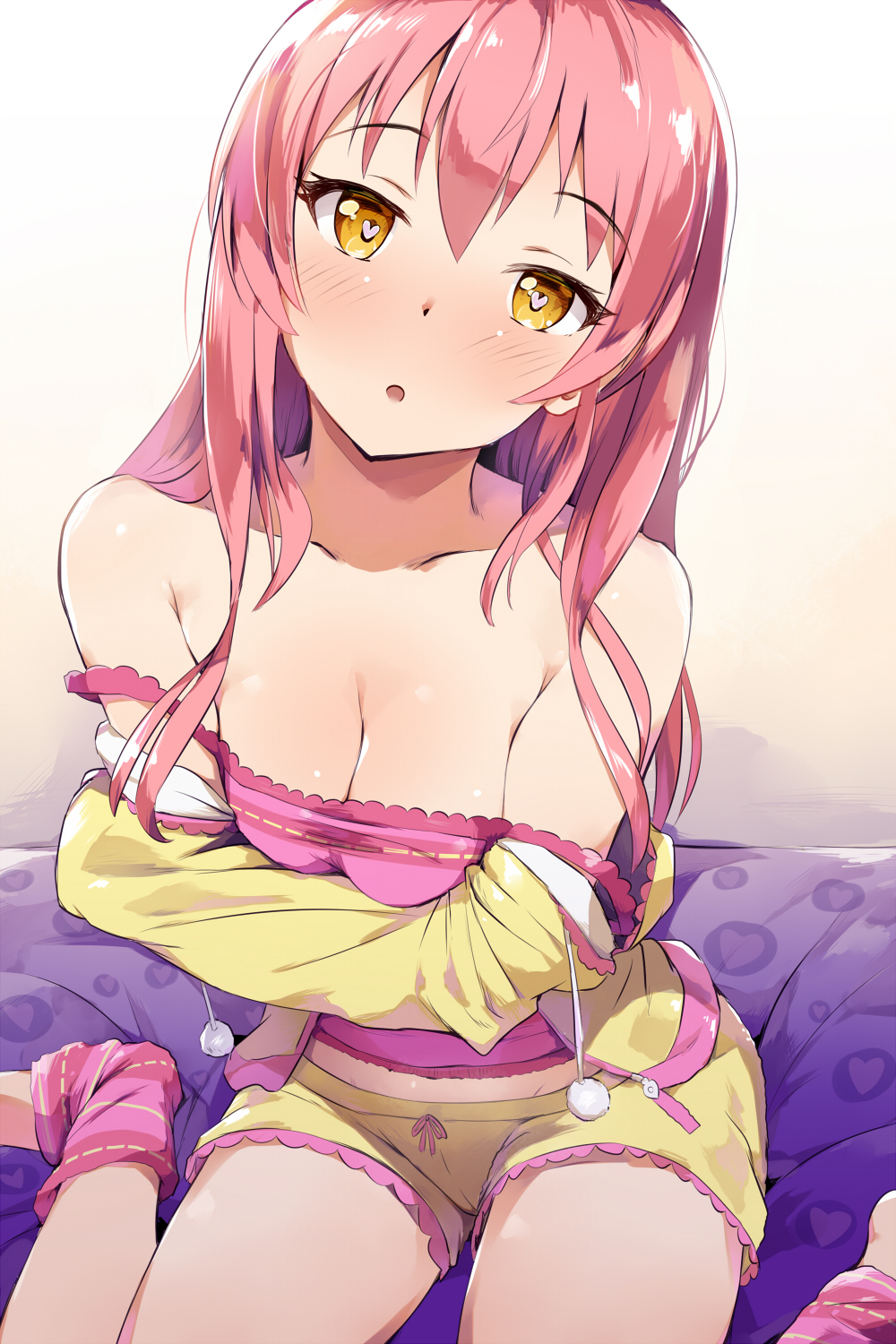 1girl :o ankle_wrap bangs bare_legs bare_shoulders barefoot bed breasts camisole cleavage collarbone crossed_arms drawstring eyebrows_visible_through_hair heart heart-shaped_pupils highres hood hoodie idolmaster idolmaster_cinderella_girls jougasaki_mika long_hair looking_at_viewer medium_breasts off_shoulder on_bed pajamas pink_hair seneto shorts sitting sitting_on_bed solo strap_slip symbol-shaped_pupils wariza yellow_eyes