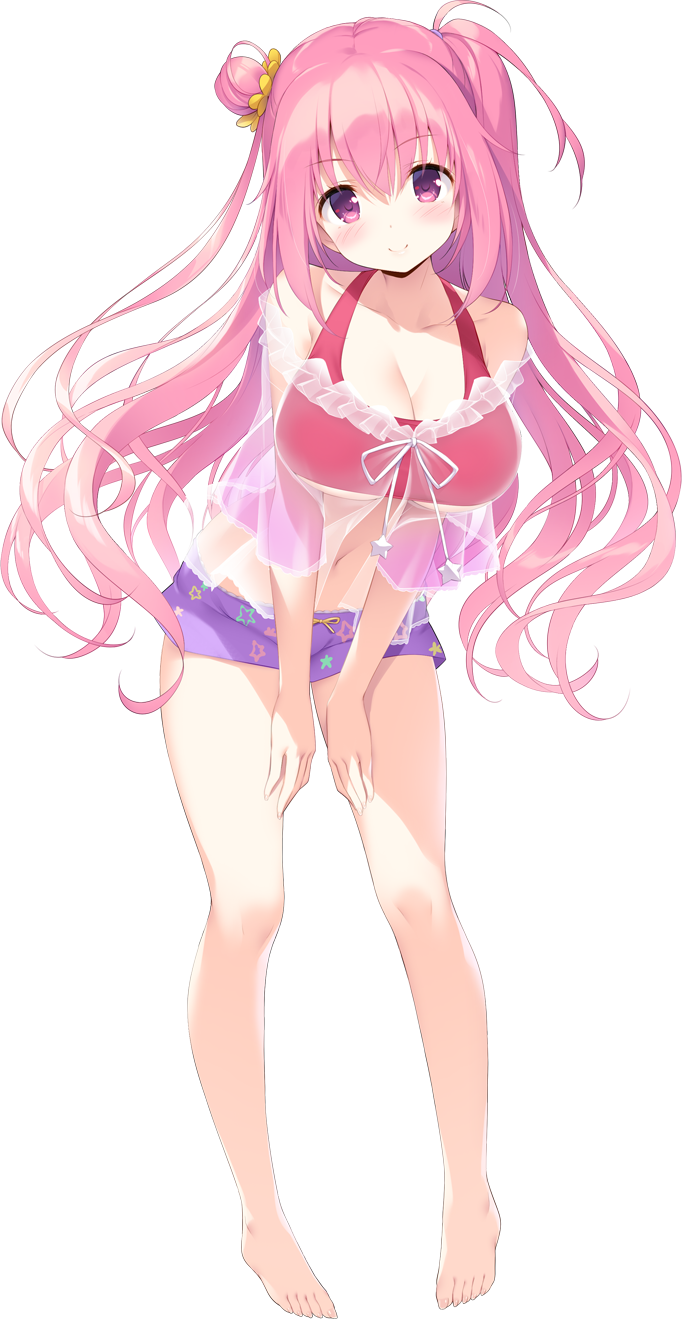 1girl anneliese asymmetrical_hair blush breasts cleavage full_body hair_bun highres huge_breasts kimagure_temptation kimishima_ao long_hair looking_at_viewer navel official_art pink_eyes pink_hair sheer_clothes short_shorts shorts smile solo star star_print transparent_background two_side_up