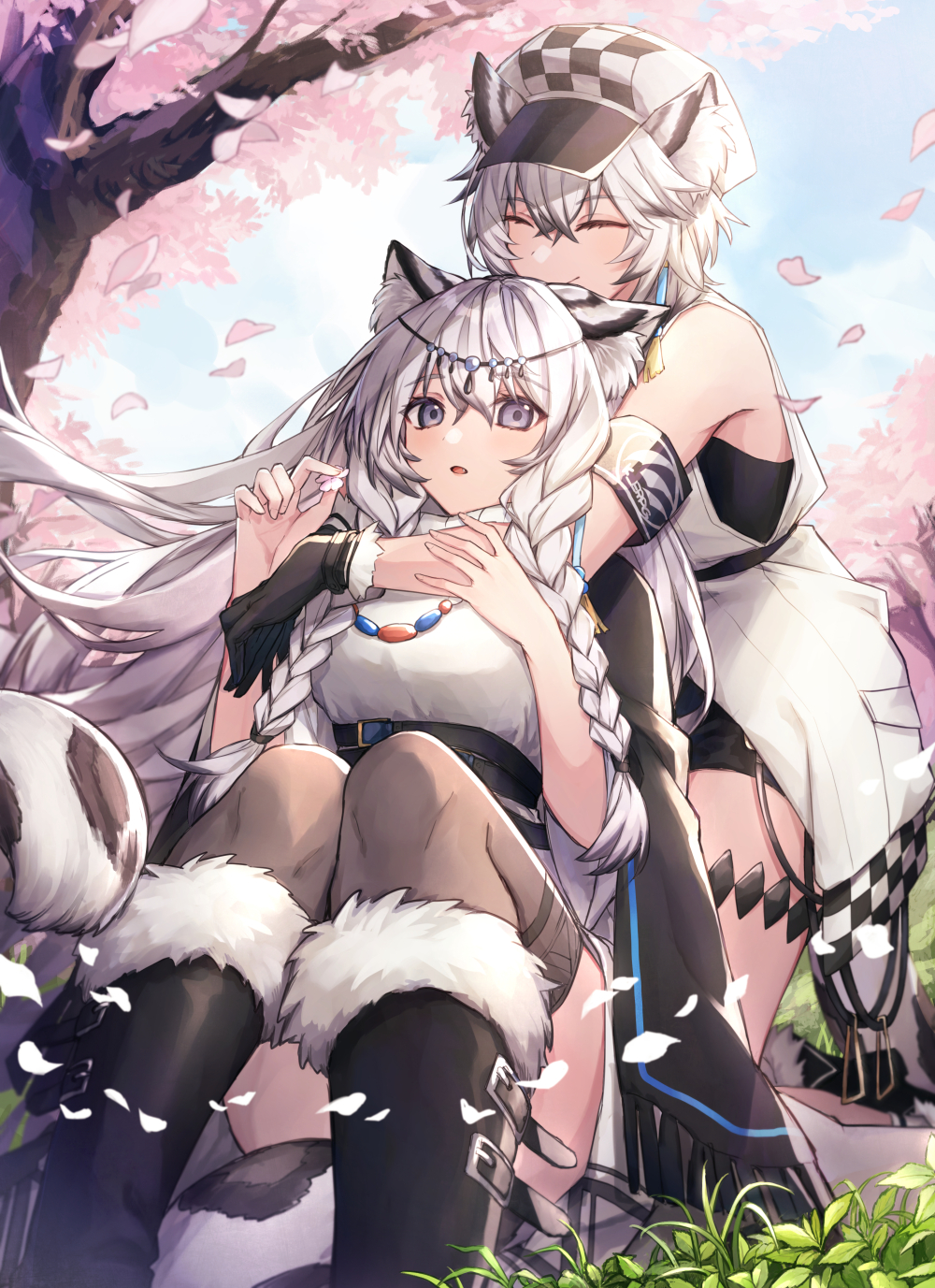 .com_(cu_105) 2girls animal_ears arknights armband bead_necklace beads black_cape black_footwear black_gloves black_legwear boots braid cabbie_hat cape checkered checkered_hat cherry_blossoms cliffheart_(arknights) closed_eyes commentary_request dress flower fur-trimmed_boots fur_trim gloves grey_eyes hat highres holding holding_flower hug hug_from_behind jewelry knee_boots leopard_ears leopard_girl leopard_tail long_hair multiple_girls necklace pramanix_(arknights) short_hair siblings side_braids sisters tail thighhighs tree turtleneck turtleneck_dress twin_braids white_dress white_hair