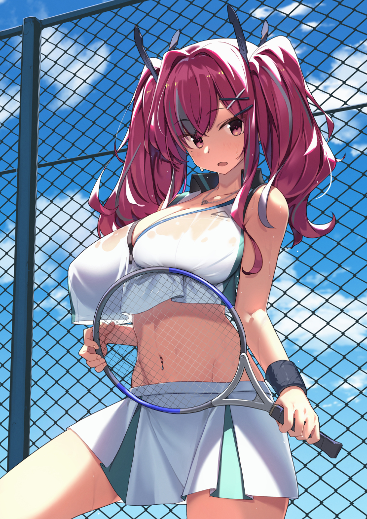 1girl azur_lane bangs bare_shoulders bow breast_press breasts bremerton_(azur_lane) bremerton_(scorching-hot_training)_(azur_lane) chain-link_fence cloud colored_eyelashes commentary cowboy_shot crop_top day fence grey_hair hair_between_eyes hair_bow hair_ornament hairclip heart heart_necklace holding_racket kylin large_breasts long_hair looking_at_viewer mole mole_under_eye multicolored_hair navel_piercing open_mouth piercing pink_eyes pink_hair pleated_skirt racket shirt skirt sleeveless sleeveless_shirt sportswear standing streaked_hair tennis_racket tennis_uniform thighs twintails two-tone_hair two-tone_shirt two-tone_skirt wet wet_clothes x_hair_ornament