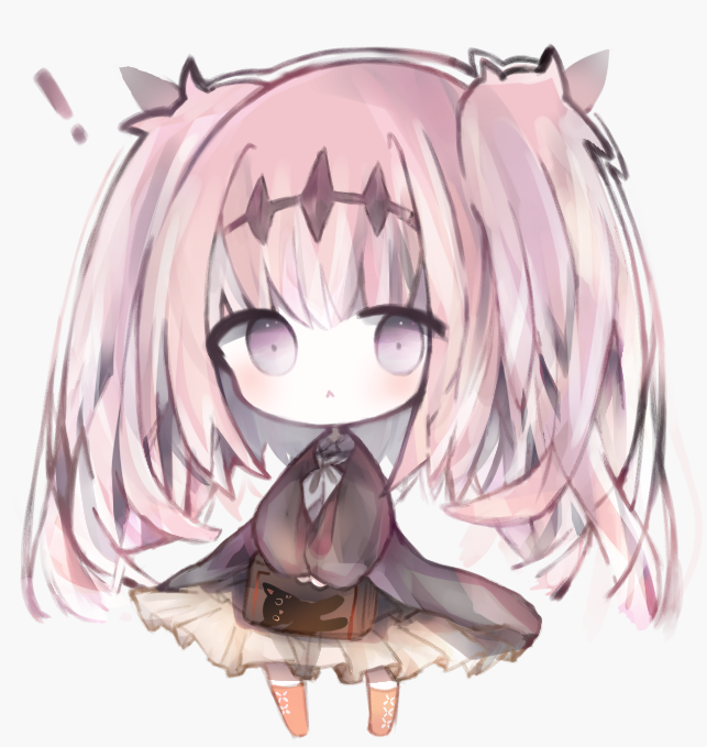 ! 1girl :&lt; black_dress blush book brown_legwear chibi closed_mouth commentary_request cottontailtokki dress fran_(shadowverse) frilled_dress frills full_body grey_background grey_neckwear headpiece holding holding_book kneehighs long_hair long_sleeves neckerchief pink_hair puffy_long_sleeves puffy_sleeves purple_eyes shadowverse simple_background solo standing twintails very_long_hair