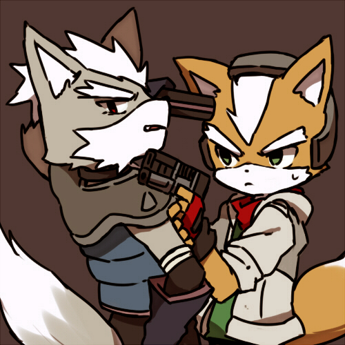 1:1 2017 anthro bodily_fluids brown_background brown_body brown_fur bukikobuta canid canine canis clothing duo fox fox_mccloud frown fur gloves green_eyes grey_body grey_fur gun_to_head handwear holding_gun holding_object holding_weapon low_res male mammal nintendo red_eyes simple_background star_fox sweat topwear video_games weapon white_body white_fur wolf wolf_o'donnell