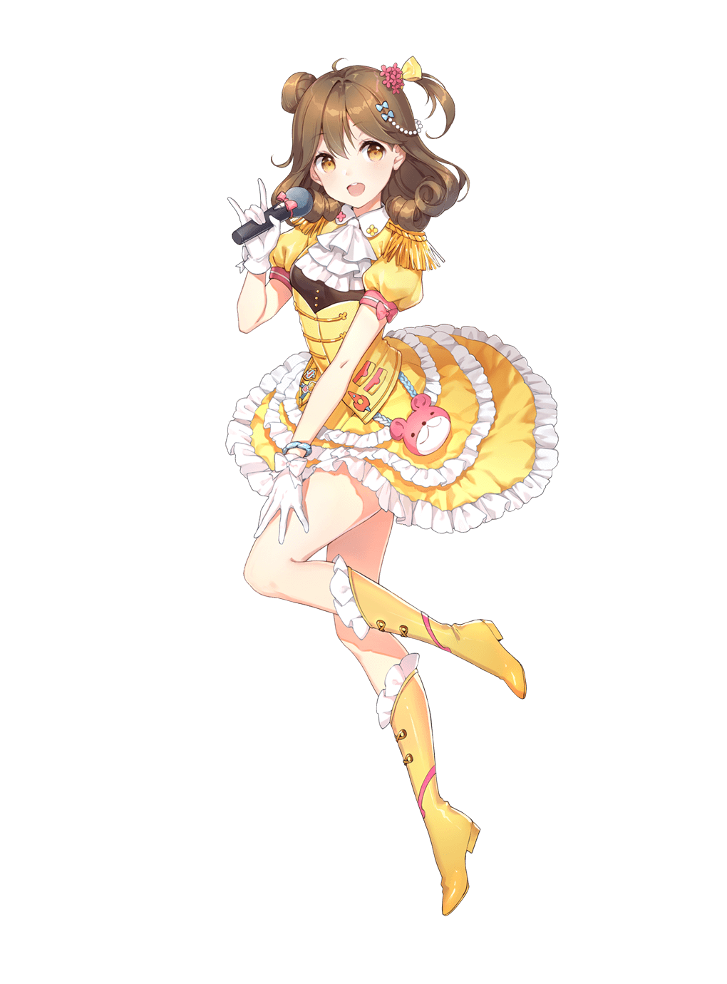 1girl :d \m/ ahoge ascot bag beads boots brown_eyes brown_hair dress epaulettes frilled_dress frills full_body girl_cafe_gun gloves hair_ornament handbag highres holding knee_boots looking_at_viewer medium_hair microphone official_art one_side_up open_mouth shiratama_akane short_sleeves side_bun smile solo su_xiaozhen thighs transparent_background white_gloves wing_collar yellow_dress yellow_footwear