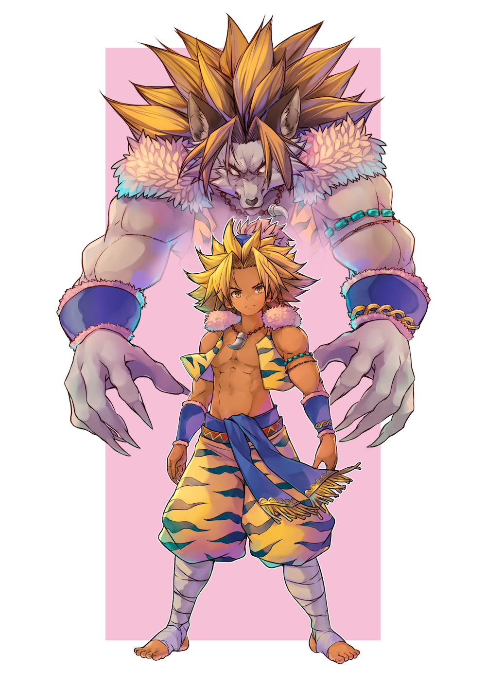 .sin 1boy baggy_pants bandages blonde_hair dark_skin dark_skinned_male dual_persona highres kevin_(seiken_densetsu_3) male_focus pants sash seiken_densetsu seiken_densetsu_3 toeless_legwear tooth_necklace werewolf yellow_eyes