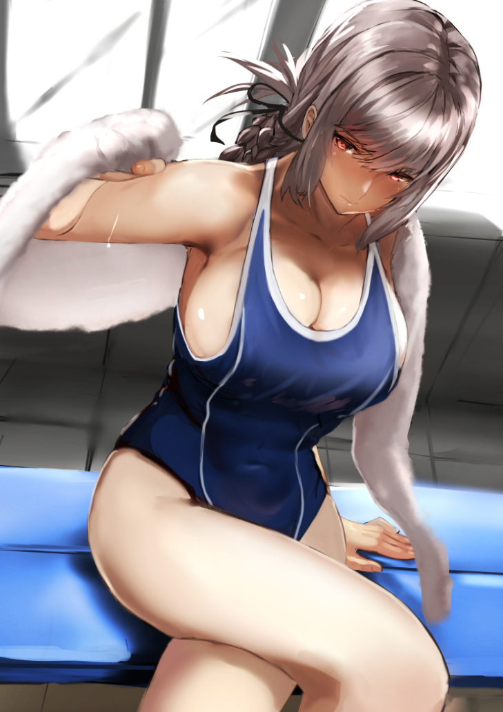 1girl alternate_costume bangs blue_swimsuit braid breasts cleavage closed_mouth commentary_request crossed_legs fate/grand_order fate_(series) florence_nightingale_(fate/grand_order) holding holding_towel jikihatiman large_breasts one-piece_swimsuit red_eyes sidelocks single_braid sitting swimsuit tile_floor tiles towel window