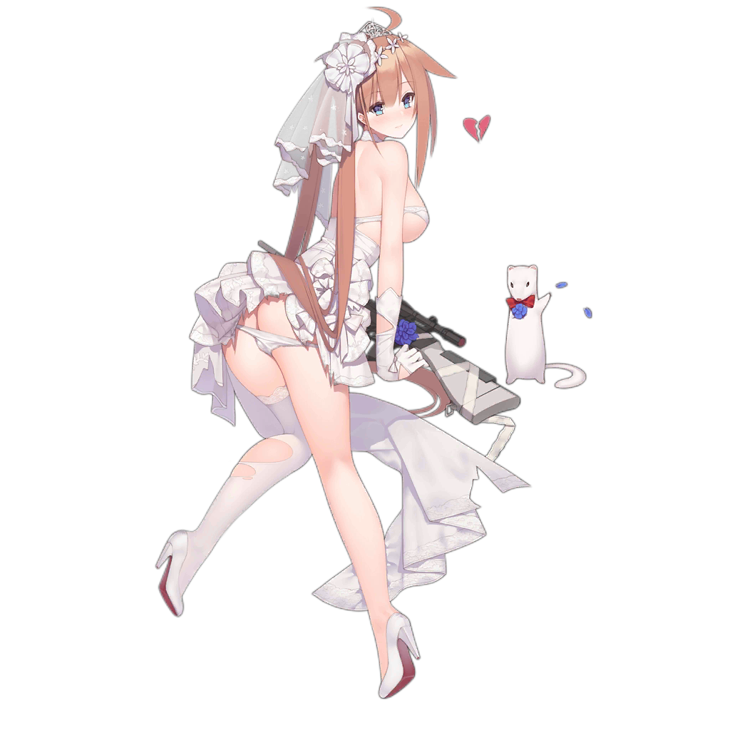 1girl ahoge alternate_costume animal ass bangs battle_rifle blonde_hair blue_eyes blunt_bangs blush bow bowtie breasts bridal_veil bride broken_heart choker closed_mouth dress elbow_gloves eyebrows_visible_through_hair fal_(girls_frontline) flower fn_fal from_behind full_body girls_frontline gloves gun hair_flower hair_ornament high_heels knees_together_feet_apart knife large_breasts leg_up long_hair looking_at_viewer looking_back official_art rat red_bow red_neckwear rifle scope shadow shoes short_dress side_ponytail single_thighhigh solo standing standing_on_one_leg strapless strapless_dress suisai thighhighs torn_clothes torn_dress transparent_background veil very_long_hair weapon wedding_dress white_background white_dress white_flower white_footwear white_gloves white_legwear