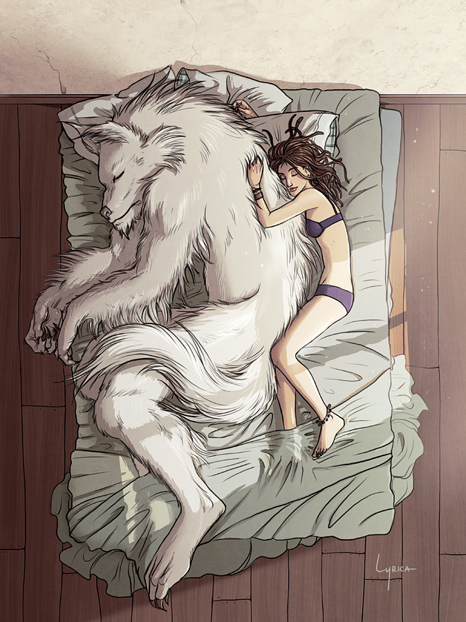 2012 anklet anthro bed beekakke bra canid canine clothing cuddling duo female female_on_anthro furniture human human_on_anthro interspecies jewelry lying male male/female mammal nude on_side panties romantic_ambiance romantic_couple size_difference sleeping smaller_female spooning underwear were werecanid werecanine werewolf