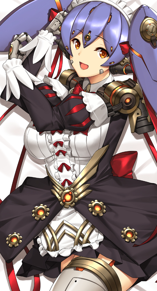 1girl android areolae bare_shoulders blush breasts commentary commission dakimakura dual_persona elbow_gloves english_commentary eyebrows_visible_through_hair gloves hana_(xenoblade) hana_jk large_breasts long_hair looking_at_viewer lying maid maid_headdress open_mouth orange_eyes purple_hair smile solo thighhighs thighs tony_guisado xenoblade_(series) xenoblade_2