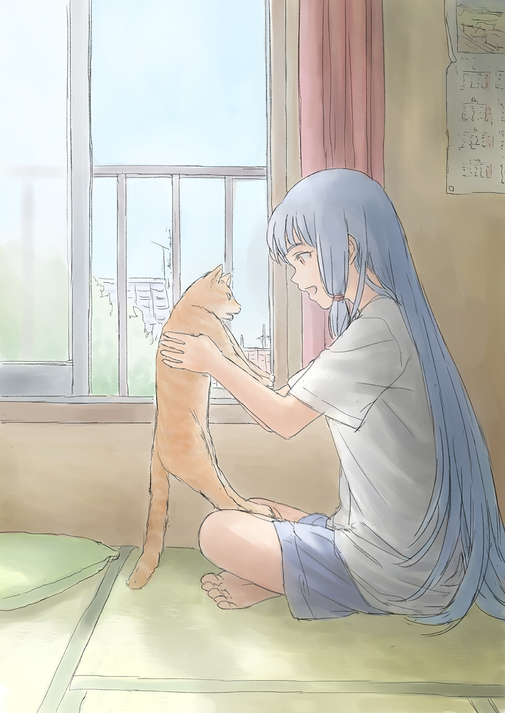 1girl 1other alternate_costume balcony barefoot blue_shorts casual cat curtains full_body hair_ribbon highres indian_style indoors kantai_collection long_hair murakumo_(kantai_collection) orange_eyes pillow ribbon shirt shorts sidelocks silver_hair sitting t-shirt taruya tatami tress_ribbon white_shirt window