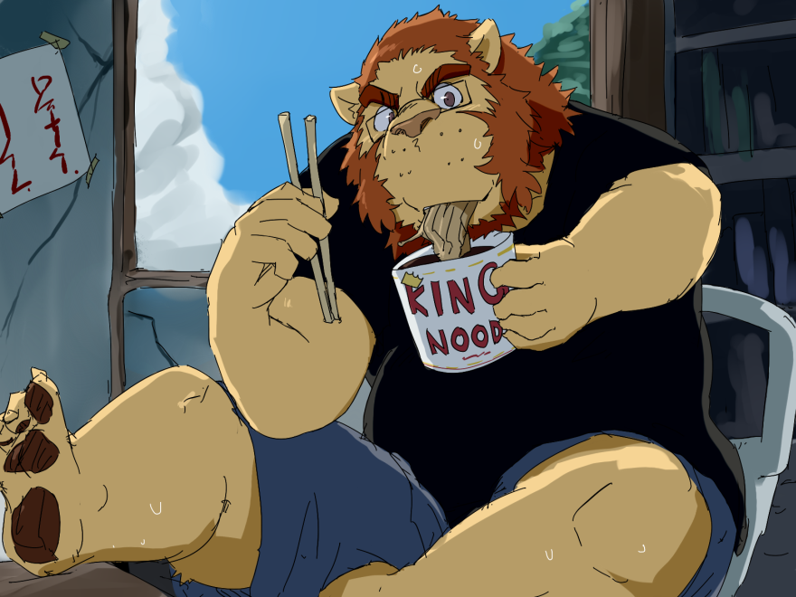 2012 anthro bodily_fluids chair detailed_background eating eyewear felid food furniture glasses humanoid_hands kemono lion male mammal pantherine sitting slightly_chubby solo sweat train_(artist)