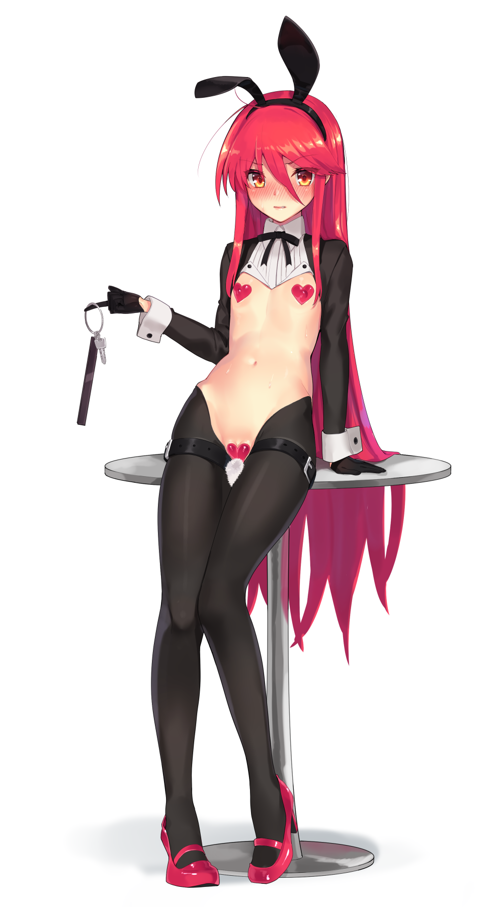 1girl animal_ears black_gloves black_legwear blush bunny_ears bunny_tail cameltoe covered_nipples flat_chest full_body gloves hair_between_eyes heart_pasties high_heels highres key long_hair looking_at_viewer maebari navel ohlia parted_lips pasties pink_footwear reverse_cowgirl_position shakugan_no_shana shana sitting solo straddling sweat tail very_long_hair wrist_cuffs