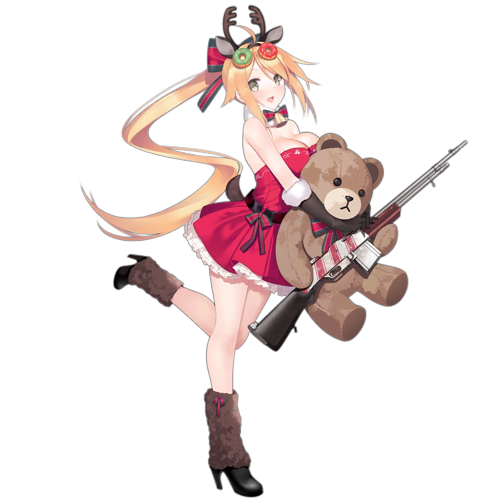 1girl alternate_costume animal_ears antlers bare_legs bare_shoulders bell black_footwear black_gloves blonde_hair blush boots breasts christmas detached_collar doughnut doughnut_hair_ornament dress food food_themed_hair_ornament from_side full_body fur_trim girls_frontline gloves grey_eyes gun hair_ornament high_heel_boots high_heels holding holding_gun holding_weapon jingle_bell large_breasts leg_warmers long_hair looking_at_viewer m1918_bar m1918_bar_(girls_frontline) machine_gun merry_christmas object_hug official_art open_mouth red_dress reindeer_ears short_dress sidelocks solo standing standing_on_one_leg stuffed_animal stuffed_toy suisai teddy_bear transparent_background very_long_hair weapon