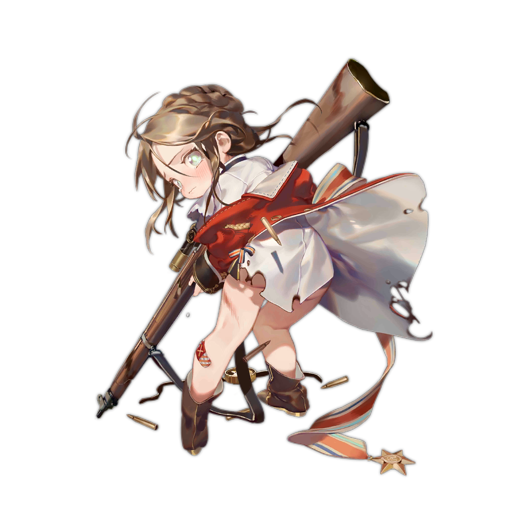 1girl alternate_costume blush boots braid brown_footwear brown_hair character_name closed_mouth coat copyright_name dress_shirt from_behind full_body girls_frontline green_eyes gun hair_between_eyes holding holding_gun holding_weapon kneepits lee-enfield lee-enfield_(girls_frontline) long_hair looking_at_viewer looking_back medal military military_uniform official_art rei_(sanbonzakura) rifle shadow shell_casing shirt sidelocks solo torn_clothes torn_shirt transparent_background uniform wavy_mouth weapon younger