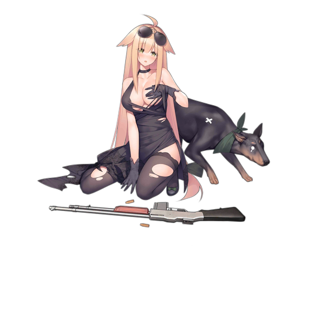 1girl ahoge alternate_costume animal aviator_sunglasses blonde_hair blush breasts choker cleavage covering covering_breasts doberman dog dress formal full_body girls_frontline gloves green_eyes gun high_heels jewelry large_breasts long_hair low-tied_long_hair m1918_bar m1918_bar_(girls_frontline) machine_gun necklace official_art sitting suisai sunglasses thighhighs torn_clothes torn_dress torn_legwear transparent_background very_long_hair weapon