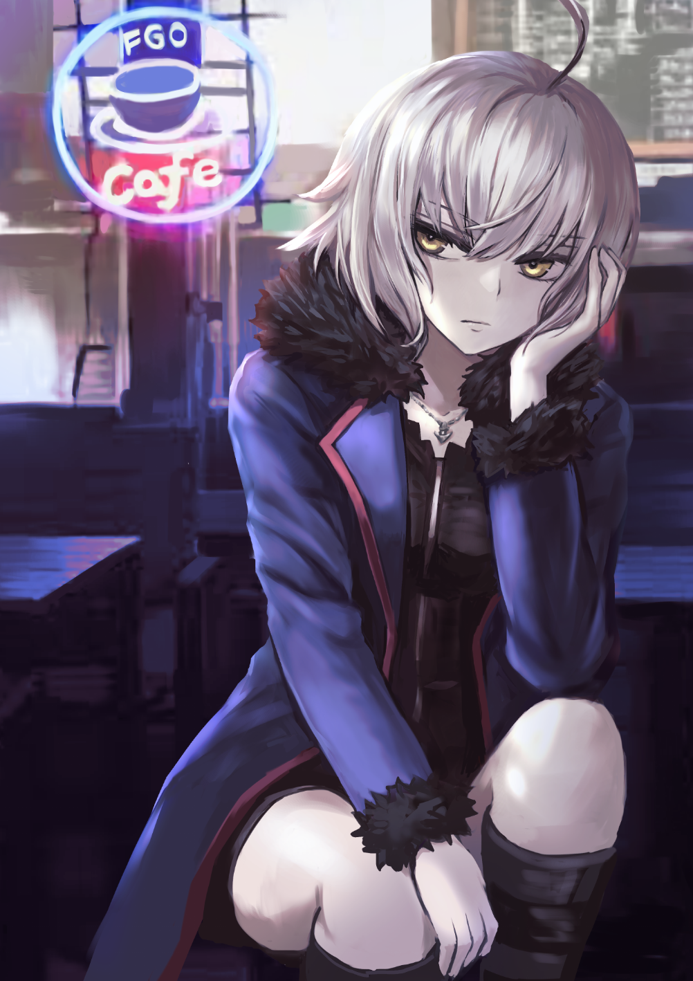 1girl ahoge bangs black_dress black_footwear blue_coat boots closed_mouth coat copyright_name dress eyebrows_visible_through_hair fate/grand_order fate_(series) frown fur_coat hair_between_eyes head_rest highres jeanne_d'arc_(alter)_(fate) jeanne_d'arc_(fate)_(all) knee_boots ko_31 long_sleeves open_clothes open_coat shiny shiny_hair short_dress short_hair silver_hair sitting solo yellow_eyes