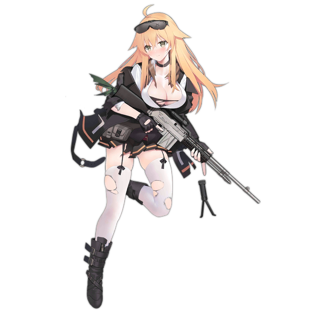 1girl ahoge alternate_costume arm_up bad_link belt black_footwear black_gloves black_jacket black_skirt blonde_hair blush boots breasts broken_eyewear brown_scarf cleavage closed_mouth fingerless_gloves girls_frontline gloves gun high_heels jacket large_breasts long_hair long_sleeves m1918_bar m1918_bar_(girls_frontline) machine_gun official_art rifle scarf scope skirt strap suisai thighhighs thighs torn_clothes torn_legwear torn_scarf transparent_background trigger_discipline weapon white_legwear yellow_eyes