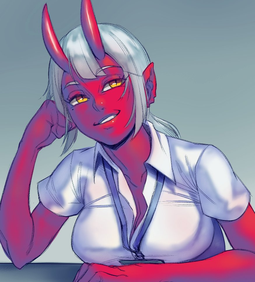 1girl collarbone demon_girl demon_horns elbows_on_table estyy eyebrows_visible_through_hair grey_hair horns id_card long_hair mole mole_under_eye original parted_lips pointy_ears red_skin slit_pupils smile solo table yellow_eyes