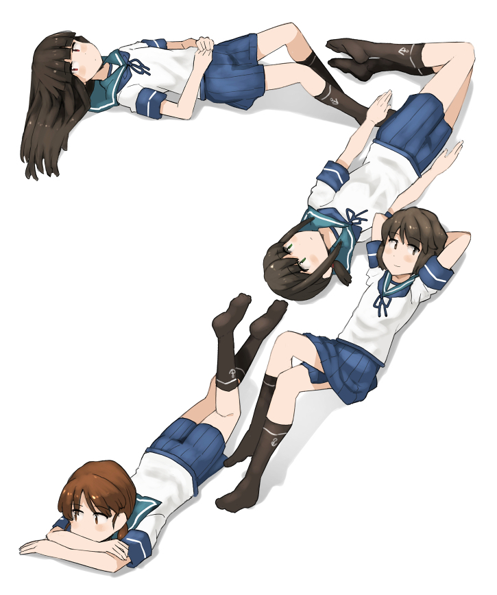 1girl anniversary bangs black_eyes black_hair black_legwear blue_neckwear blue_sailor_collar blue_skirt blunt_bangs brown_eyes brown_hair fubuki_(kantai_collection) hatsuyuki_(kantai_collection) kantai_collection kneehighs long_hair low_ponytail low_twintails lying miyuki_(kantai_collection) neckerchief number on_side on_stomach parted_bangs pleated_skirt ponytail sailor_collar sakura_(medilore) school_uniform serafuku shirayuki_(kantai_collection) short_hair short_ponytail short_twintails sidelocks simple_background skirt solo twintails white_background