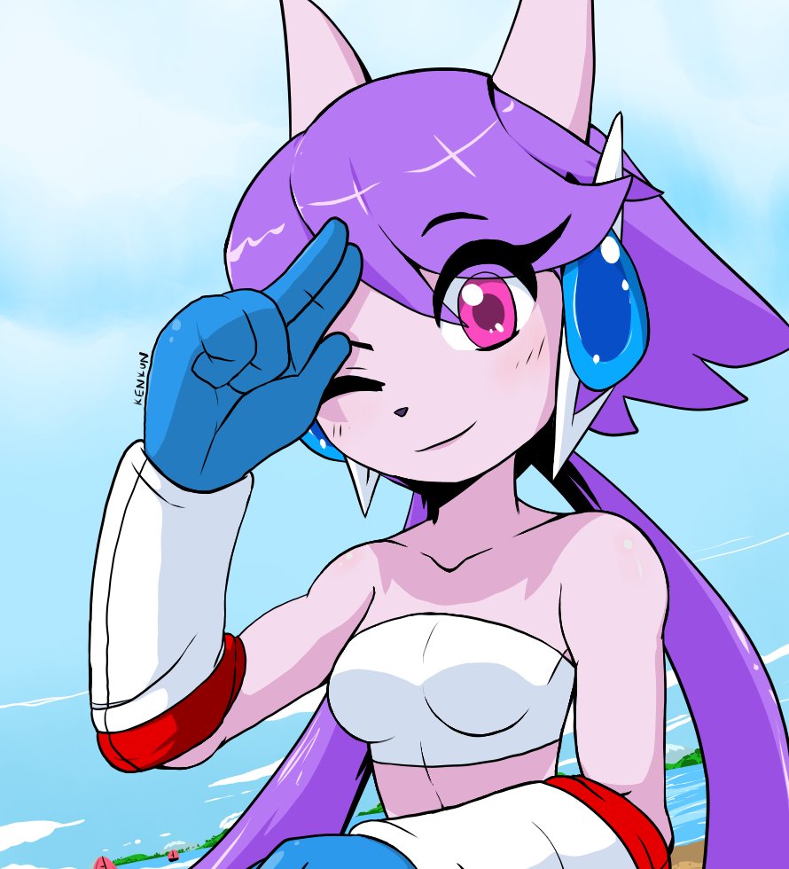 2020 anthro breasts clothed clothing dragon female freedom_planet freedom_planet_2 gloves hair handwear hybrid kenjikanzaki05 mammal one_eye_closed purple_hair sash_lilac solo tube_top video_games wink