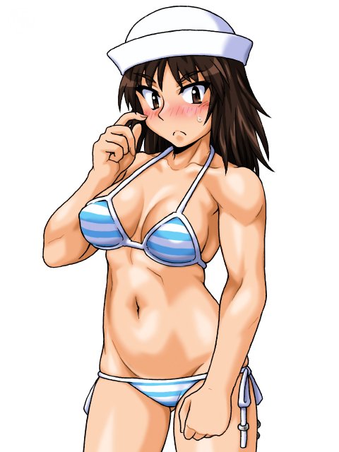 1girl bangs bikini black_eyes black_hair blue_bikini blush closed_mouth commentary_request cowboy_shot dixie_cup_hat eyebrows_visible_through_hair finger_to_face frown girls_und_panzer groin hat looking_at_viewer lowleg lowleg_bikini medium_hair military_hat murakami_(girls_und_panzer) muscle muscular_female navel oosaka_kanagawa side-tie_bikini skindentation solo standing striped striped_bikini sweatdrop swimsuit white_headwear