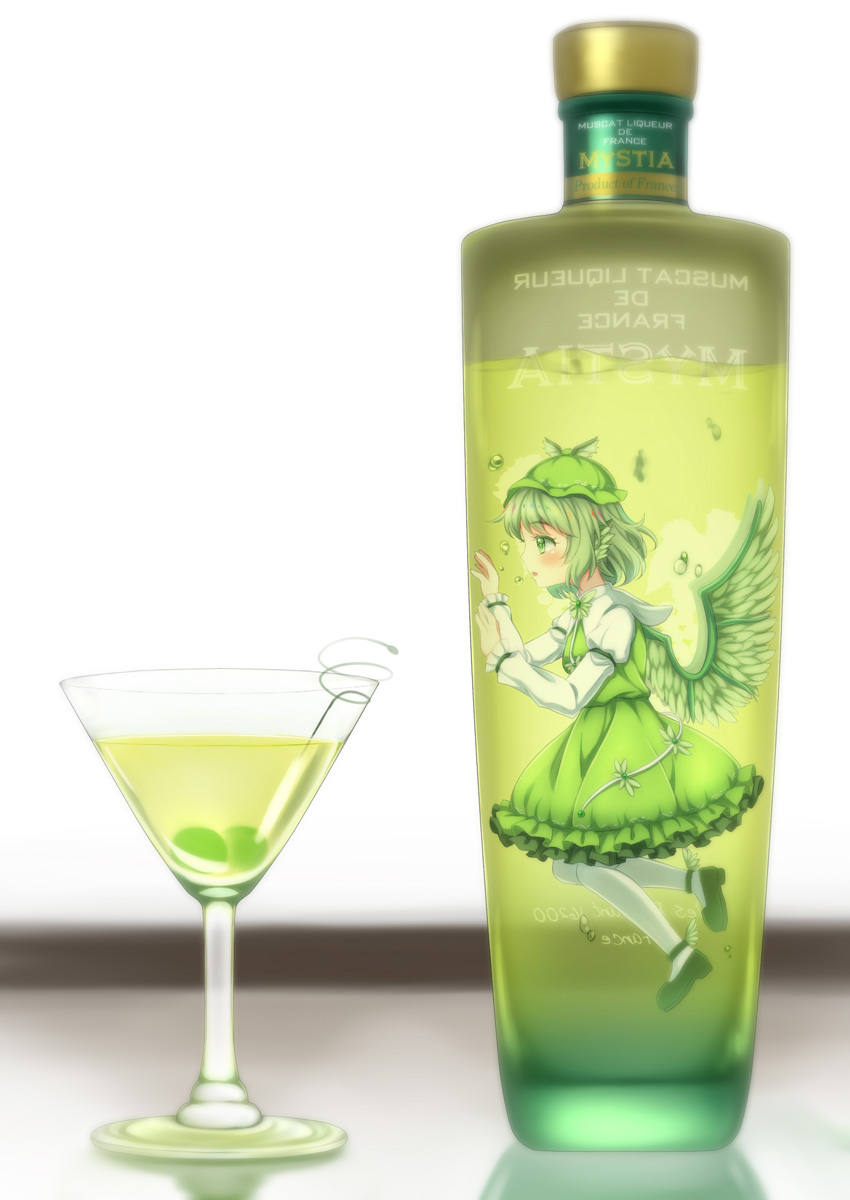 1girl :o air_bubble alcohol alternate_color ankle_ribbon armband bangs bird_wings blurry blurry_background bottle brand_name_imitation bubble character_name cocktail_glass commentary_request cup dress drinking_glass eyebrows_visible_through_hair feathered_wings feathers folded_leg french_commentary from_side green_dress green_footwear green_hair green_headwear grey_background hat highres in_bottle in_container juliet_sleeves long_sleeves mixed-language_commentary mystia_lorelei olive pantyhose pinafore_dress profile puffy_sleeves ribbon shirt short_hair solo submerged tomo_takino touhou white_background white_legwear white_shirt wine wine_bottle wings
