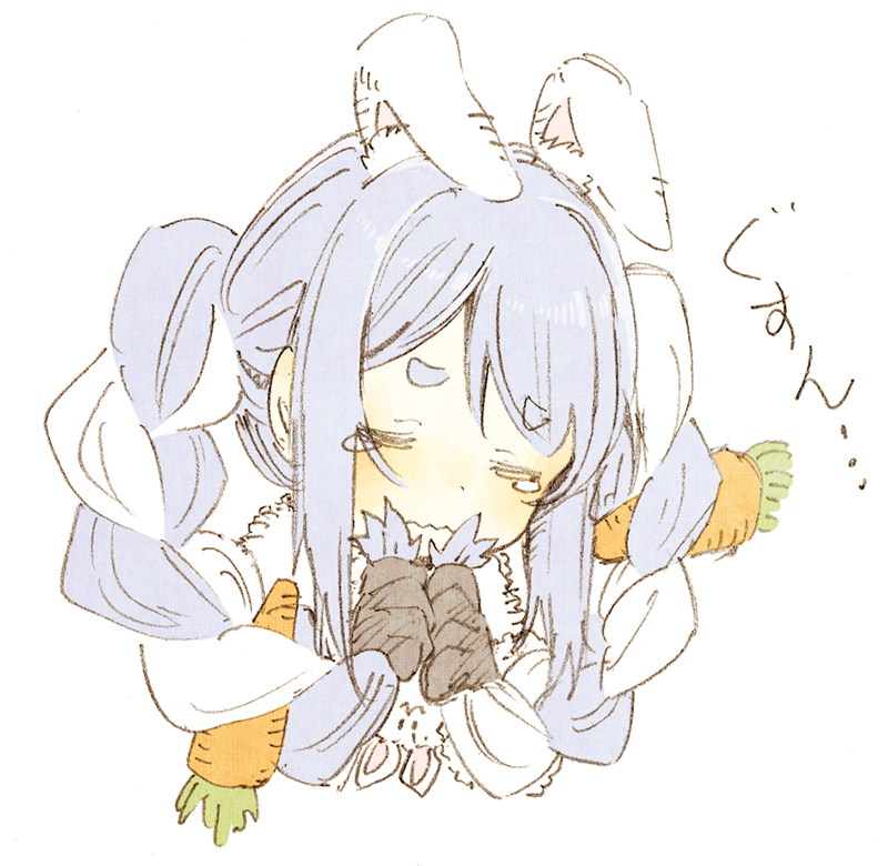 1girl abara_heiki animal_ear_fluff animal_ears blush braid bunny_ears carrot_hair_ornament closed_eyes closed_mouth commentary eyebrows_visible_through_hair food_themed_hair_ornament fur_scarf hair_ornament holding holding_hair hololive light_blue_hair long_hair looking_at_viewer multicolored_hair sad simple_background solo tears thick_eyebrows traditional_media translated twin_braids twintails two-tone_hair upper_body usada_pekora virtual_youtuber wavy_mouth white_background white_hair