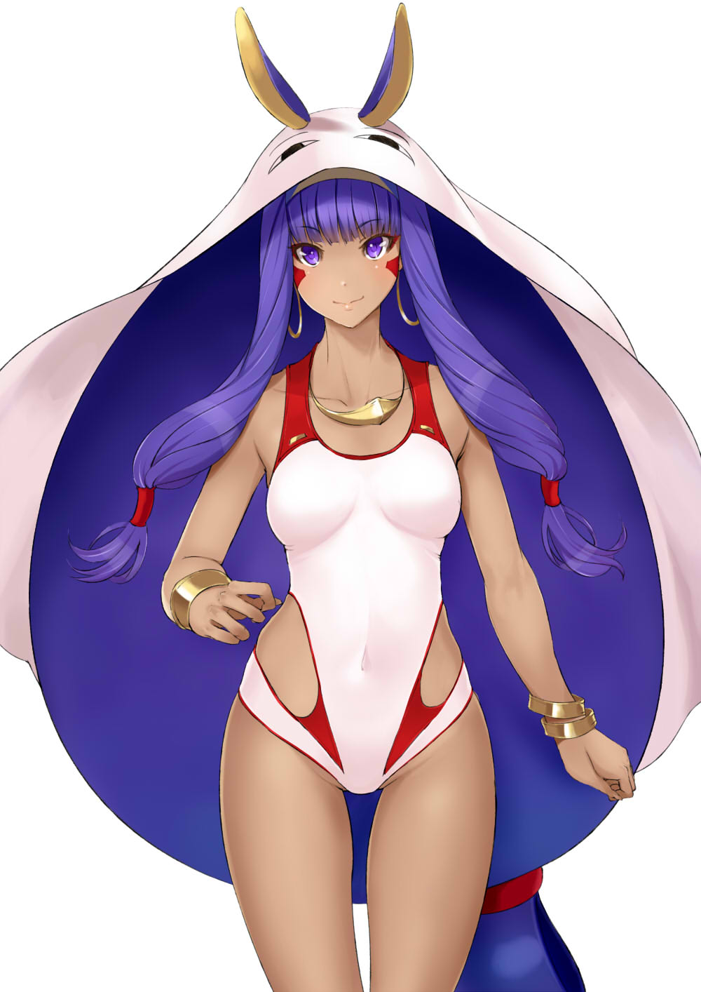 1girl animal_ears breasts closed_mouth dark_skin earrings facial_mark fate/grand_order fate_(series) highres hoop_earrings jackal_ears jewelry long_hair looking_at_viewer marubonman nitocris_(fate/grand_order) nitocris_(swimsuit_assassin)_(fate) one-piece_swimsuit purple_eyes purple_hair simple_background smile solo swimsuit very_long_hair white_background white_swimsuit