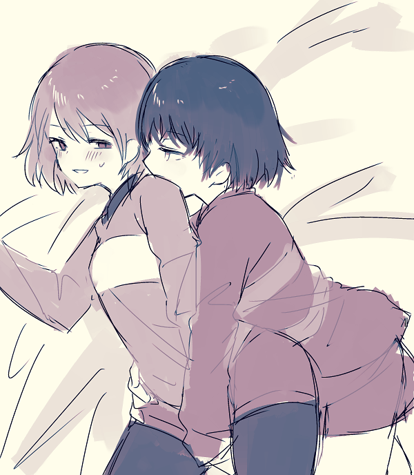 2others androgynous blush chara_(undertale) frisk_(undertale) greyscale monochrome multiple_others open_mouth oshiruko_(tsume) pantyhose shirt short_hair shorts sketch smile striped striped_shirt striped_sweater sweater underswap undertale