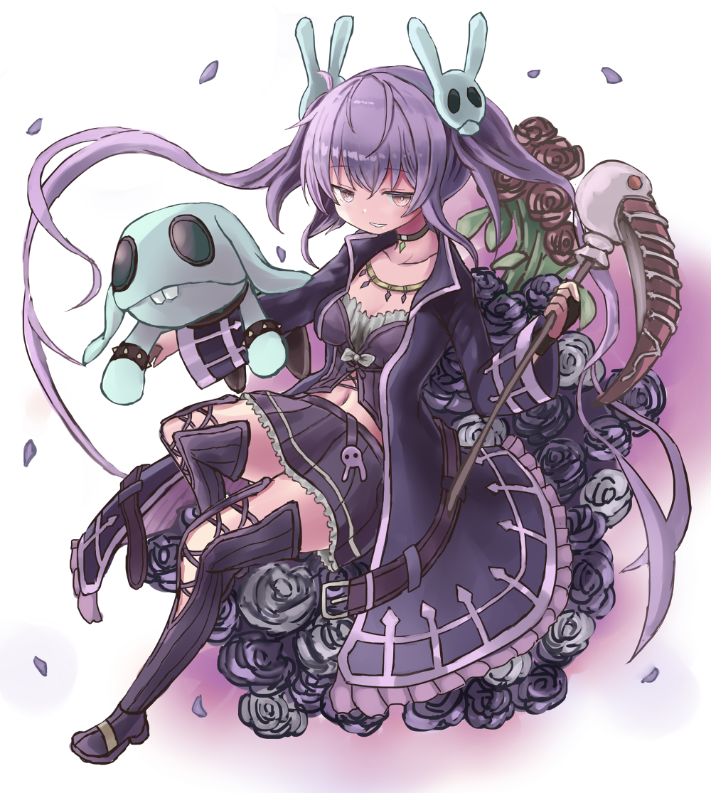 1girl aoiyamagi4 black_skirt breasts bunny_hair_ornament choker flower hair_ornament holding holding_scythe long_hair looking_at_viewer memento_(sennen_sensou_aigis) navel purple_hair scythe sennen_sensou_aigis simple_background sitting skirt skull_hair_ornament small_breasts smile solo stuffed_animal stuffed_bunny stuffed_toy thighhighs twintails very_long_hair