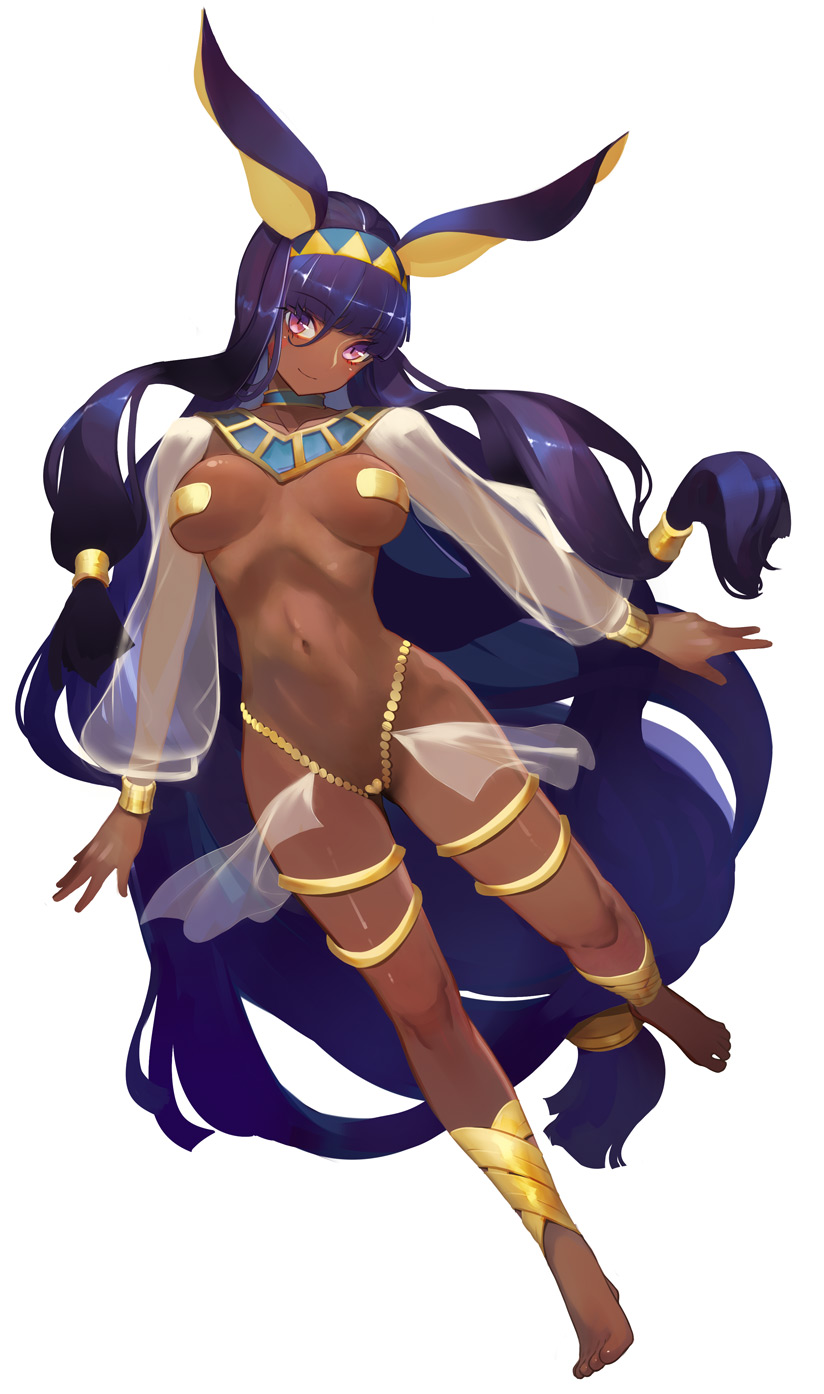 1girl animal_ears anklet bangs barefoot blush bracelet breasts dark_skin earrings egyptian facepaint facial_mark fate/grand_order fate_(series) full_body hairband highres hoop_earrings jackal_ears jewelry large_breasts long_hair looking_at_viewer low-tied_long_hair navel nitocris_(fate/grand_order) puffy_sleeves pupps purple_eyes purple_hair revealing_clothes see-through_sleeves sidelocks simple_background smile solo thighlet usekh_collar white_background