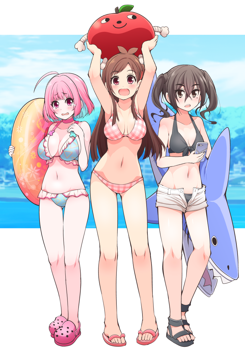 3girls ahoge armpits arms_up bikini black_bikini black_footwear black_hair blue_bikini blue_hair breasts brown_eyes brown_hair celebi_ryousangata eyebrows_visible_through_hair frilled_bikini frills full_body idolmaster idolmaster_cinderella_girls large_breasts long_hair looking_at_viewer medium_breasts mole mole_under_eye multicolored_hair multiple_girls navel open_mouth pink_eyes pink_footwear pink_hair plaid plaid_bikini red_eyes red_footwear sandals sharp_teeth short_hair shorts standing sunazuka_akira swimsuit tears teeth tsujino_akari twintails two-tone_hair unbuttoned unbuttoned_shorts wavy_mouth white_shorts yumemi_riamu