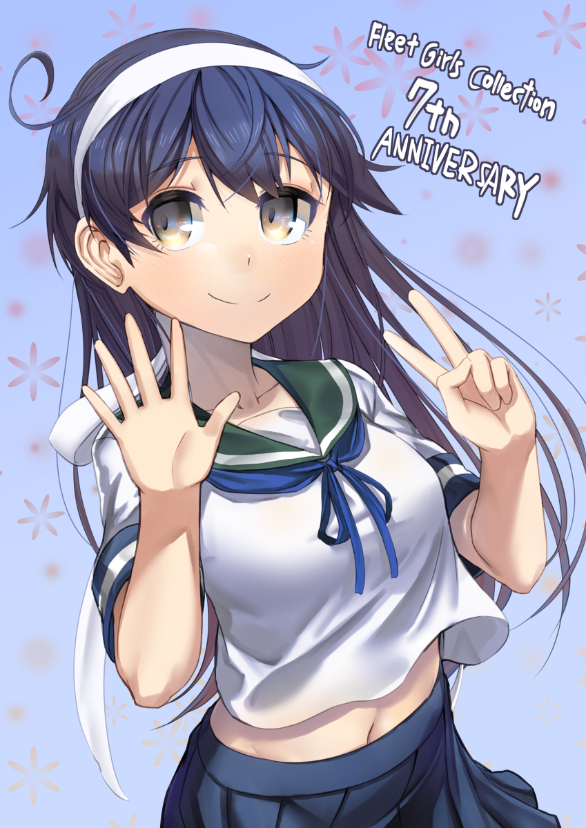 1girl ahoge anniversary black_hair blue_background blue_neckwear blue_sailor_collar blue_skirt brown_eyes cowboy_shot gradient gradient_background hairband highres kantai_collection long_hair looking_at_viewer neckerchief open_palm pleated_skirt sailor_collar skirt smile solo ushio_(kantai_collection) v white_hairband zombie_mogura