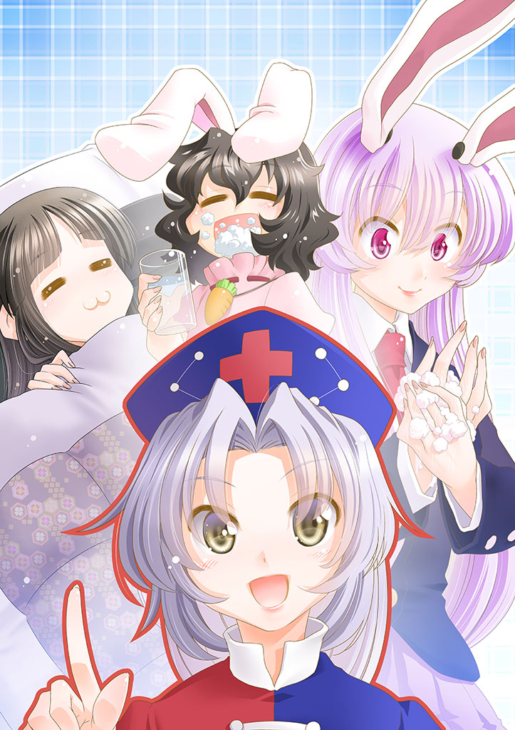 4girls animal_ears bangs black_hair blazer blue_background blue_dress blue_jacket blush bunny_ears carrot_necklace closed_eyes closed_mouth collared_dress collared_shirt commentary_request constellation_print coronavirus_pandemic cup dress eyebrows_visible_through_hair eyes_visible_through_hair fingernails floppy_ears futon gargling gradient gradient_background gradient_hair hair_between_eyes hair_intakes hat hime_cut holding holding_cup houraisan_kaguya inaba_tewi jacket light_particles lips long_hair long_sleeves looking_at_viewer mizuki_hitoshi multicolored multicolored_clothes multicolored_dress multicolored_hair multiple_girls necktie nurse_cap open_mouth outline parted_bangs patterned_background pillow pink_dress pink_hair pink_nails pleated_skirt pointing pointing_up pov purple_hair purple_skirt red_dress red_lips red_neckwear red_outline reflective_eyes reisen_udongein_inaba ribbon-trimmed_collar ribbon_trim shiny shiny_hair shiny_skin shirt short_hair short_sleeves sidelocks silver_hair skirt sleeping smile talking touhou washing_hands white_shirt yagokoro_eirin |3