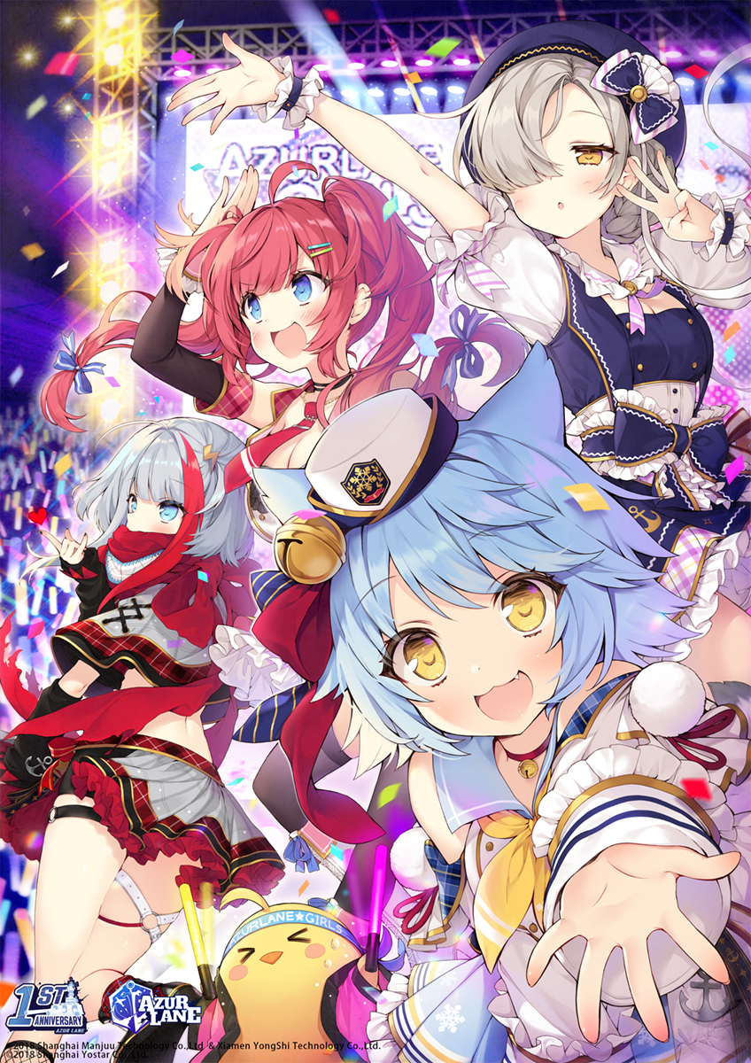 4girls admiral_graf_spee_(azur_lane) ahoge animal_ears azur_lane bangs bare_shoulders bell blue_eyes blue_hair blunt_bangs blush braid breasts byulzzimon cleavage concert detached_sleeves eyebrows_visible_through_hair fang fox_ears fubuki_(azur_lane) grey_hair hair_bell hair_ornament hair_over_one_eye highres idol large_breasts logo long_hair looking_at_viewer medium_breasts multicolored_hair multiple_girls necktie official_art open_mouth reaching_out red_hair san_diego_(azur_lane) scarf sheffield_(azur_lane) short_hair sidelocks silver_hair skirt small_breasts smile streaked_hair thigh_strap twintails wrist_cuffs yellow_eyes