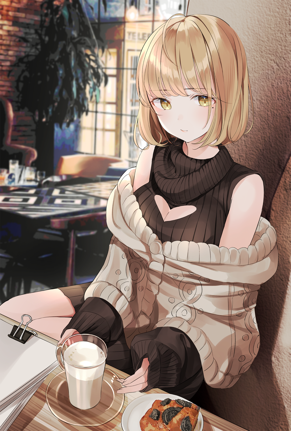 1girl against_wall aoki_yuriko aran_sweater bakuman bangs blonde_hair bob_cut chair cleavage_cutout cup detached_sleeves dress drinking_glass food heart_cutout highres indoors layered_clothing light_smile long_sleeves looking_at_viewer meme_attire milk mole mole_under_eye nabi_(uz02) off_shoulder open-chest_sweater paper paperclip ribbed_sweater saucer sitting sleeveless_sweater sleeves_past_wrists solo sweater sweater_dress table turtleneck turtleneck_sweater yellow_eyes
