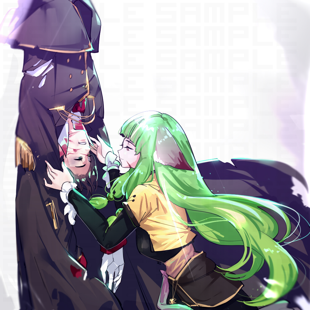 1boy 1girl animal_ears breasts cape closed_mouth commission cuts dress ejami fox_girl gloves green_hair huyao_xiao_hongniang injury long_hair sample simple_background very_long_hair white_gloves