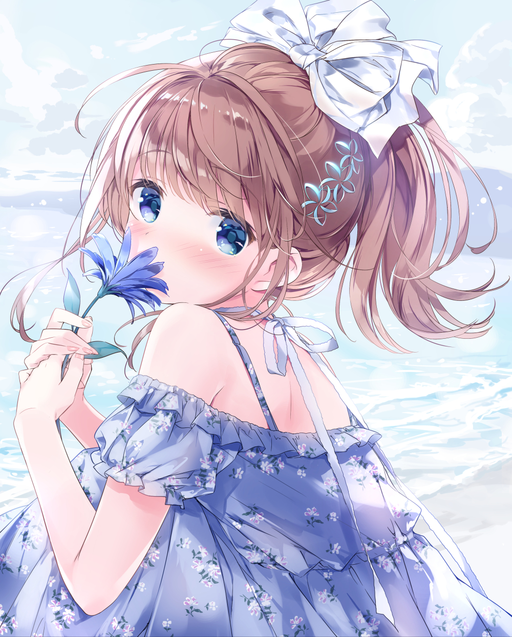 1girl bangs blue_dress blue_eyes blue_flower blush bow brown_hair commentary_request covered_mouth day dress eyebrows_visible_through_hair floral_print flower hair_bow hair_ornament hands_up highres holding holding_flower kimishima_ao looking_at_viewer momoi_saki off-shoulder_dress off_shoulder original outdoors ponytail print_dress puffy_short_sleeves puffy_sleeves short_sleeves sitting solo water waves white_bow