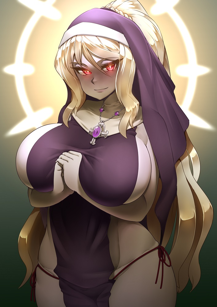1girl alternate_costume blonde_hair breasts closed_mouth cowboy_shot cross elakan glowing glowing_eyes habit half-closed_eyes halo hands_together huge_breasts jewelry large_breasts long_hair looking_at_viewer monster_girl_encyclopedia necklace nun pale_skin ponytail red_eyes seductive_smile shiny shiny_hair sideboob smile solo standing very_long_hair wide_hips wight_(monster_girl_encyclopedia)