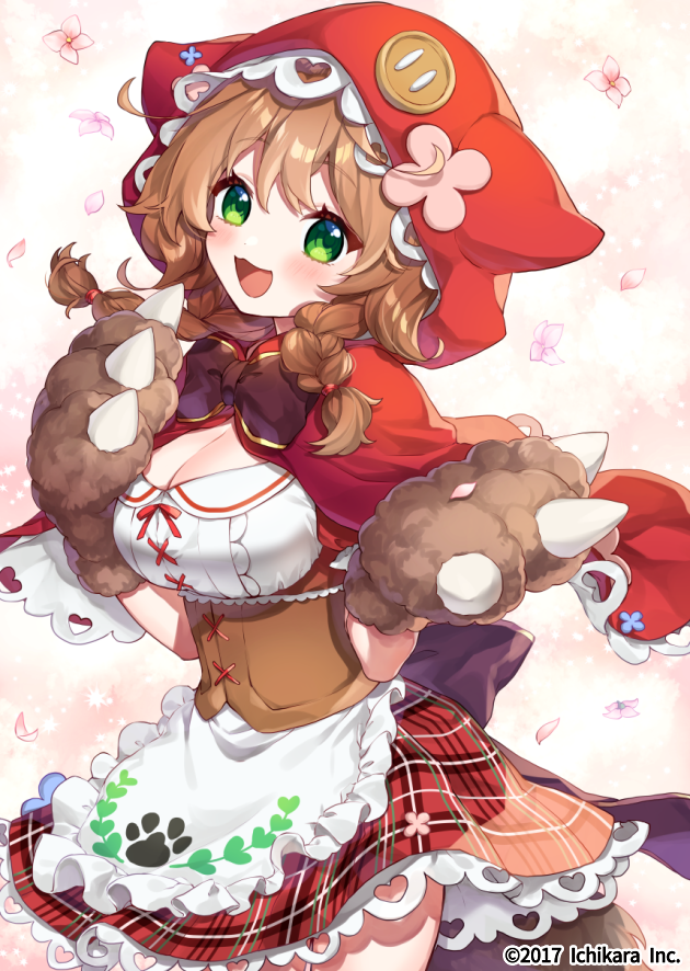 1girl :d animal_ears animal_hood apron bangs blush braid breasts brown_gloves brown_hair capelet cleavage commentary_request eyebrows_visible_through_hair fake_animal_ears flower frilled_apron frills gloves green_eyes hair_between_eyes hair_over_shoulder hood hood_up hooded_capelet long_hair looking_at_viewer medium_breasts nijisanji official_art open_mouth paw_gloves paws petals pink_flower plaid plaid_skirt red_capelet red_skirt shirt skirt smile solo twin_braids virtual_youtuber waist_apron warabeda_meijii watermark white_apron white_shirt yamabukiiro