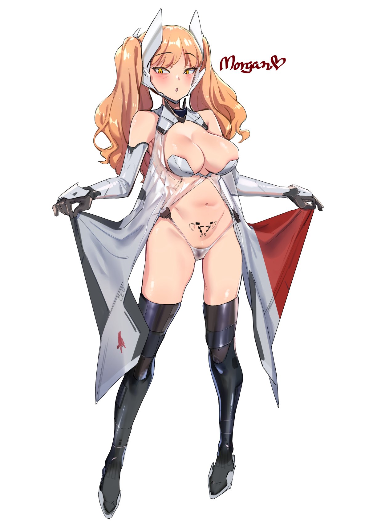 1girl ace_combat ace_combat_zero adfx-02_morgan areola_slip areolae black_footwear blush boots breasts cleavage elbow_gloves eyebrows_visible_through_hair framed_breasts full_body gloves headgear highleg highleg_panties highres large_breasts long_hair navel o.m orange_hair panties personification pubic_hair revealing_clothes see-through simple_background solo standing string_panties thigh_boots thighhighs tsurime twintails underwear white_background yellow_eyes