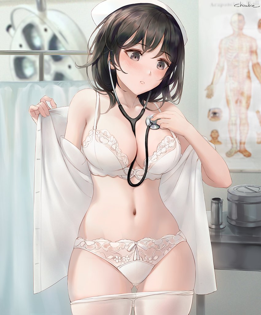 1girl bangs bare_shoulders black_hair blush bra breasts chowbie cleavage commentary_request cowboy_shot curtains hat hospital indoors lace lace_panties large_breasts long_hair navel nurse nurse_cap original panties pantyhose_removed parted_lips poster_(object) shirt standing stethoscope stomach thighs underwear white_bra white_legwear white_panties white_shirt
