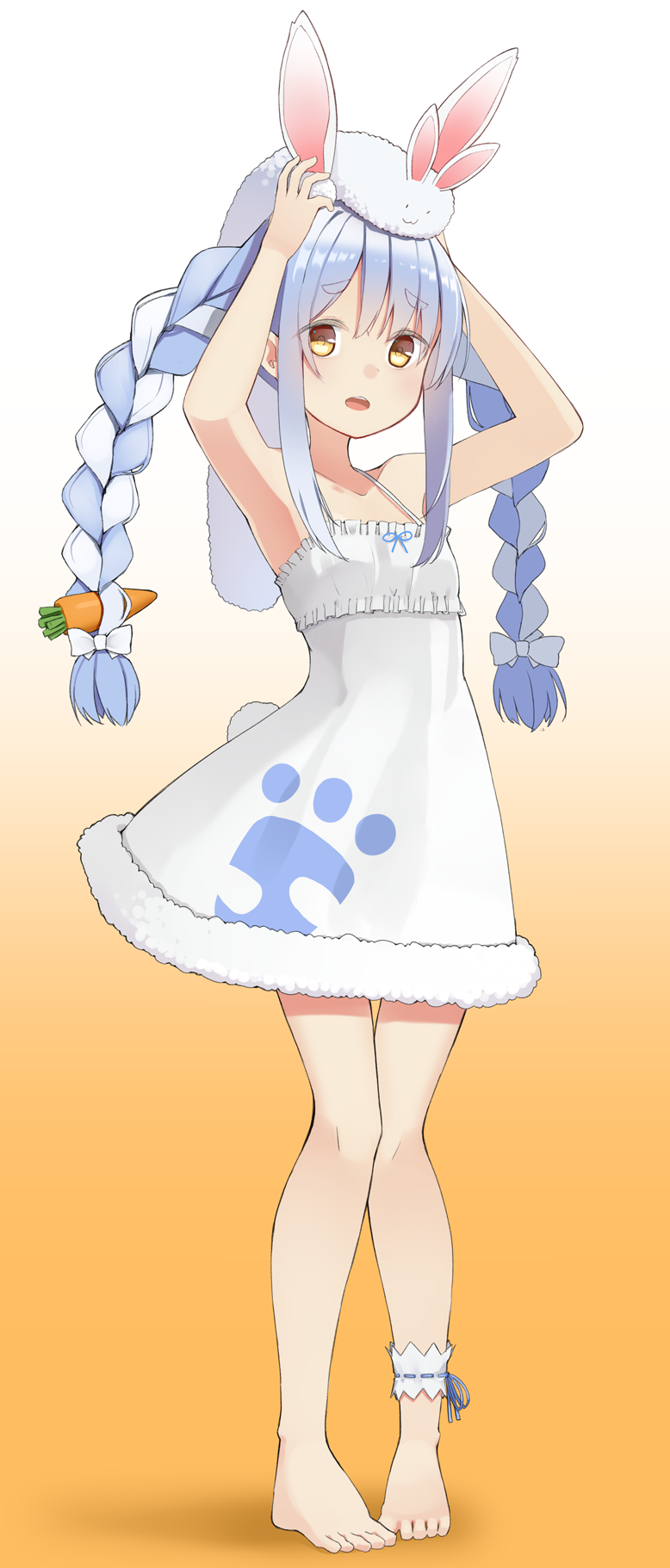 1girl adapted_costume animal_ear_fluff animal_ears arms_up bangs bare_arms bare_shoulders barefoot blue_hair bow braid brown_eyes bunny_ears bunny_girl bunny_tail carrot_hair_ornament collarbone commentary_request dress eyebrows_visible_through_hair food_themed_hair_ornament full_body fur-trimmed_dress fur_trim gradient gradient_background hair_between_eyes hair_bow hair_ornament highres hololive long_hair looking_at_viewer makadamixa multicolored_hair on_head open_mouth orange_background pigeon-toed short_eyebrows sleeveless sleeveless_dress solo standing tail thick_eyebrows twin_braids twintails two-tone_hair usada_pekora very_long_hair virtual_youtuber white_background white_bow white_dress white_hair