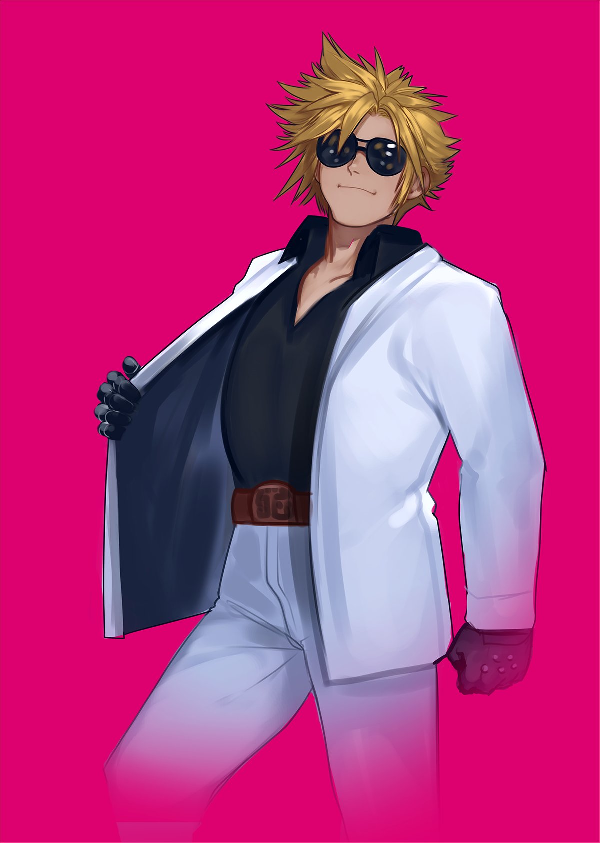 1boy aviator_sunglasses belt belt_buckle black_gloves black_shirt blonde_hair buckle clenched_hand cloud_strife collared_shirt commentary commentary_request cosplay cropped_legs dancing english_commentary final_fantasy final_fantasy_vii final_fantasy_vii_remake formal gloves highres looking_at_viewer male_focus manly matsushiro_ken matsushiro_ken_(cosplay) mixed-language_commentary parody pink_background pose shirt solo spiked_hair suit sunglasses to_all_tha_dreamers voodoothur white_suit yakitate!!_japan