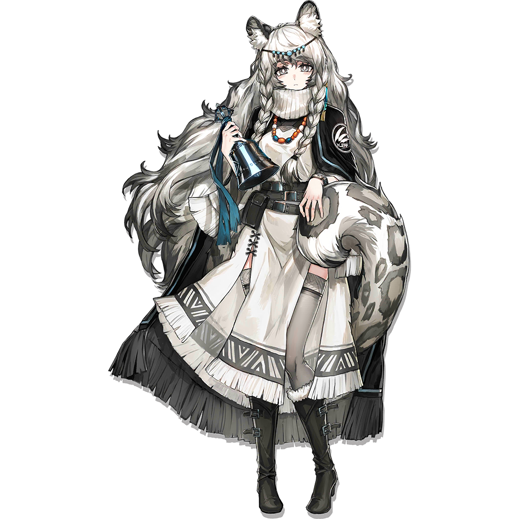 1girl animal_ears arknights bell black_footwear black_hair boots closed_mouth expressionless eyebrows_visible_through_hair full_body grey_eyes grey_legwear jewelry knee_boots leopard_ears leopard_tail long_hair long_sleeves looking_at_viewer messy_hair multicolored_hair necklace official_art pramanix_(arknights) ryuuzaki_ichi solo tail thighhighs transparent_background two-tone_hair very_long_hair wavy_hair white_hair