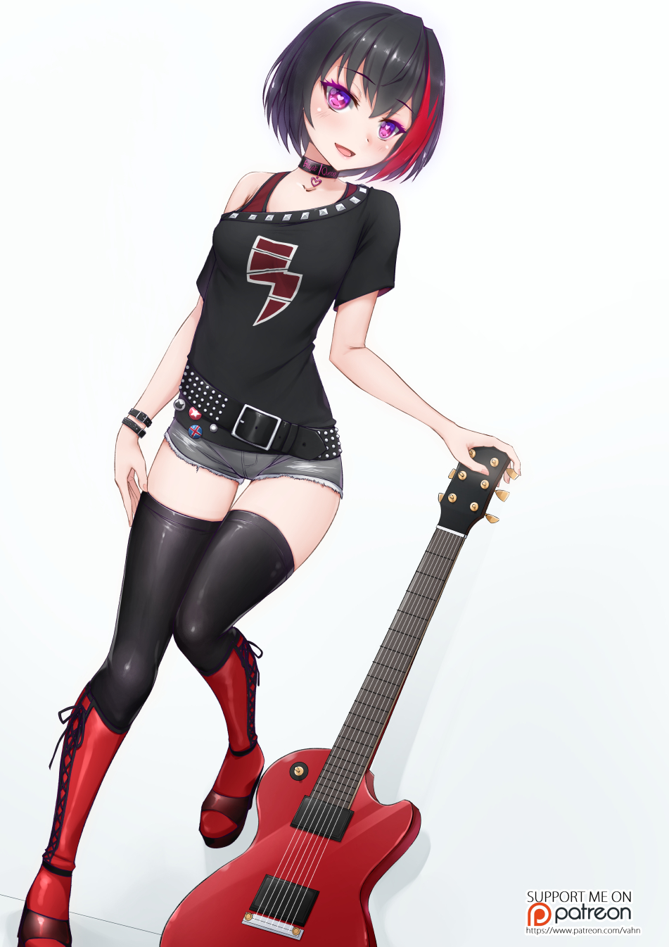 1girl :d bang_dream! bare_shoulders belt belt_buckle black_belt black_collar black_hair black_legwear black_shirt blush boots breasts buckle collar cross-laced_footwear cutoffs dutch_angle electric_guitar grey_background grey_shorts guitar heart heart-shaped_pupils highres instrument knee_boots lace-up_boots lock looking_at_viewer mitake_ran multicolored_hair off_shoulder open_mouth padlock padlocked_collar purple_eyes red_footwear red_hair shirt short_hair short_shorts short_sleeves shorts small_breasts smile solo streaked_hair studded_belt symbol-shaped_pupils thighhighs thighhighs_under_boots vahn_yourdoom watermark web_address