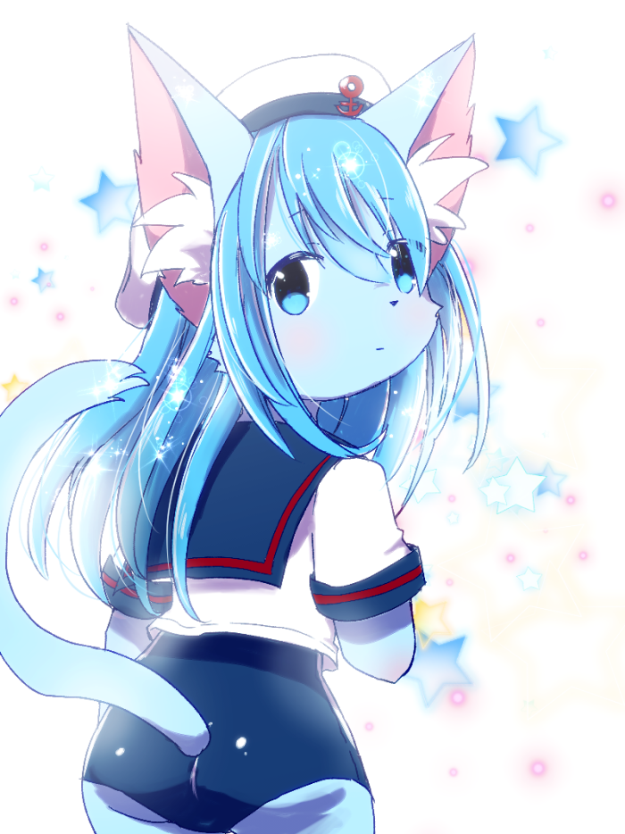 animal_ears ass blue_eyes blue_hair blush cat cat_ears cat_girl cat_tail commentary_request furry hat kemoribon looking_back original sailor_hat school_swimsuit school_uniform simple_background star swimsuit tail