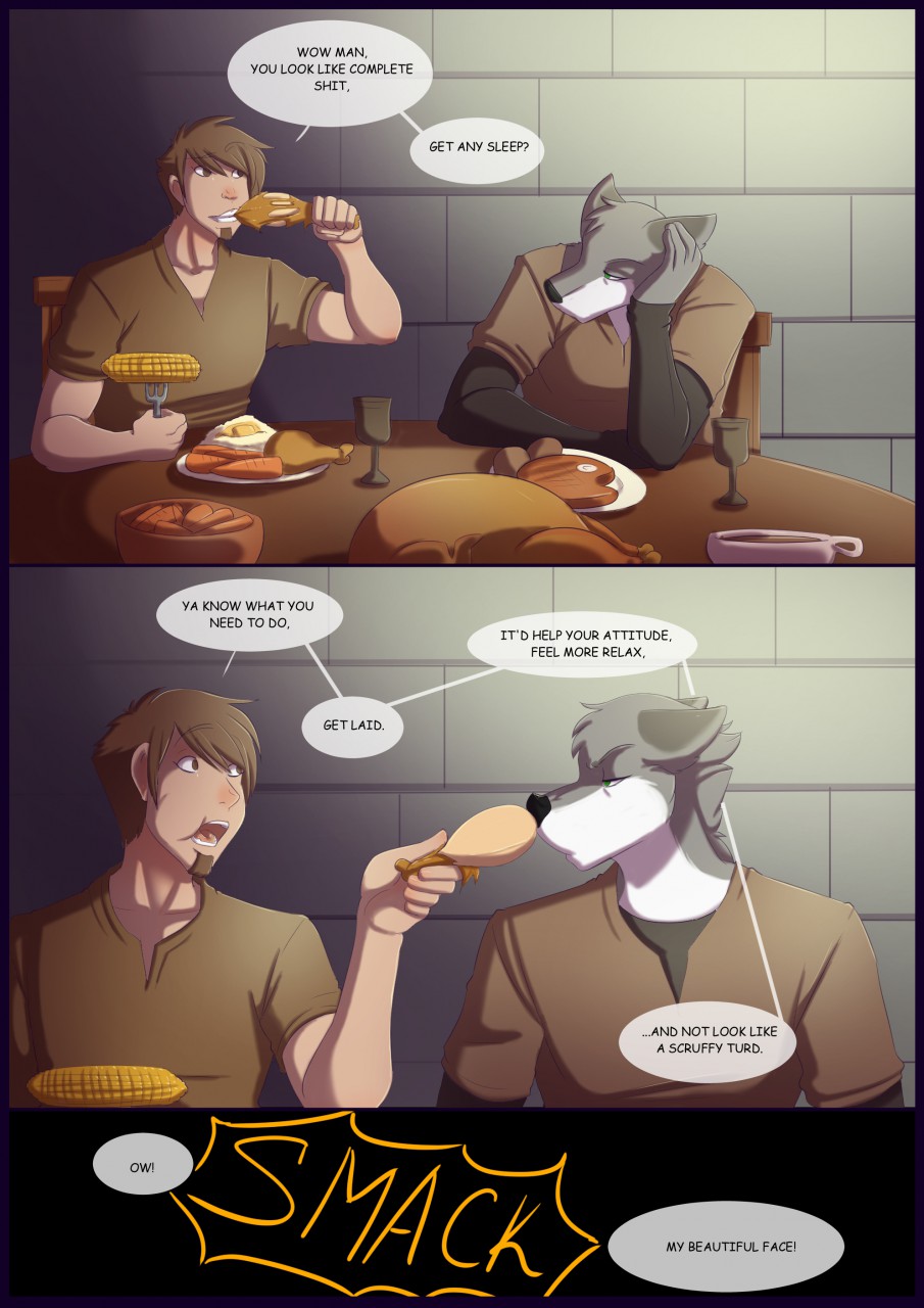anthro black_nose brown_hair canid canine canis clothed clothing comic corn_cob dialogue duo eating english_text facial_hair food fur ghost_(wolfpack67) goatee grey_body grey_fur hair hi_res human male mammal open_mouth rabbit_(wolfpack67) text wolf wolfpack67 ziggie13