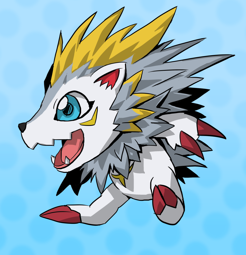 ambiguous_gender black_nose blue_background blue_eyes claws digimon eulipotyphlan feral grey_body hedgehog herissmon mammal markings open_mouth red_claws simple_background spikes teeth toe_claws white_body yellow_body yellow_markings