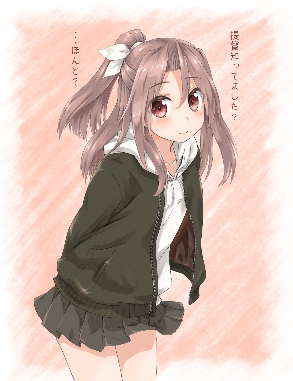 1girl alternate_costume black_skirt brown_eyes collarbone commentary_request cowboy_shot green_jacket high_ponytail highres jacket kantai_collection koda light_brown_hair long_hair long_sleeves looking_at_viewer miniskirt open_clothes open_jacket pleated_skirt skirt smile solo standing translation_request white_hoodie zuihou_(kantai_collection)