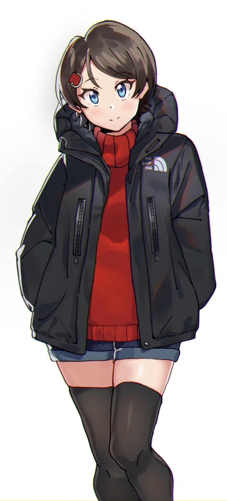 1girl arigiep blue_eyes brown_hair coat hands_in_pockets highres jacket namiko red_sweater short_hair shorts solo ssss.gridman sweater thighhighs winter_clothes winter_coat